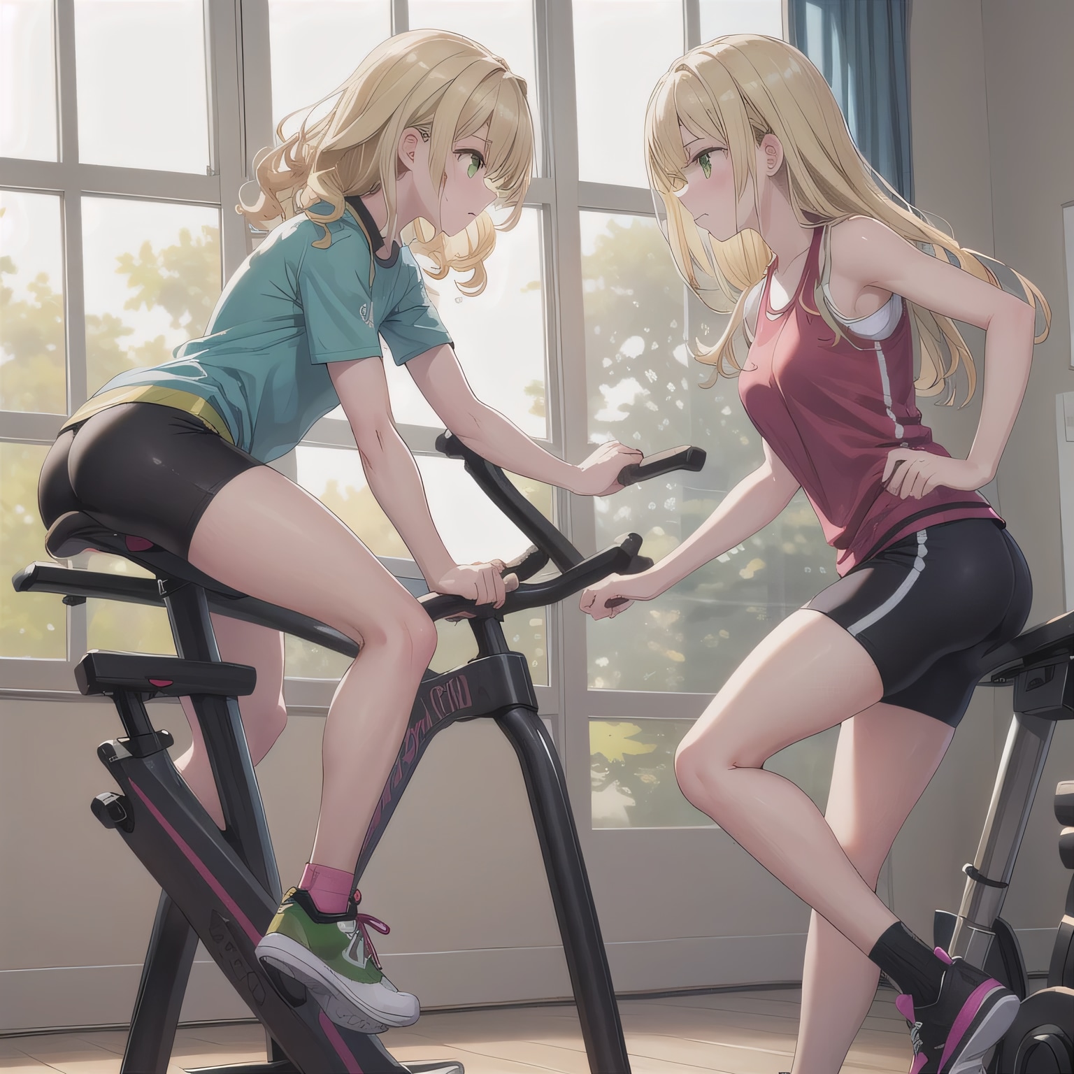 金髪ロングでエアロバイクの少女９ | の人気AIイラスト・グラビア