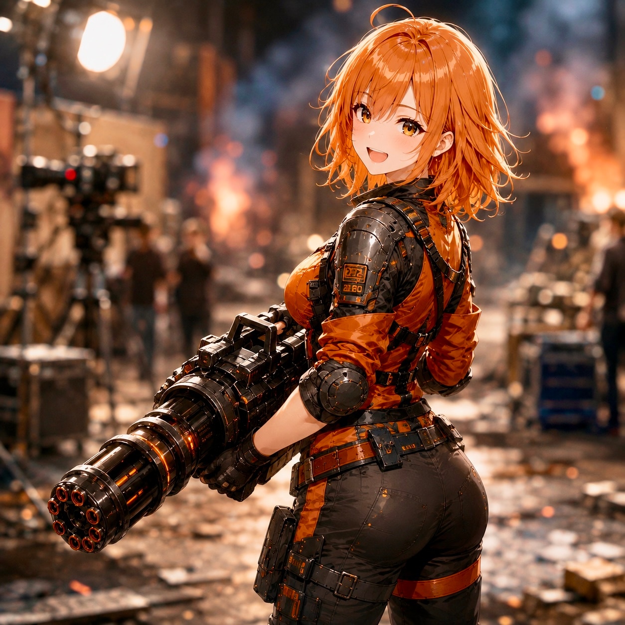 映画撮影スタジオのアクション女優