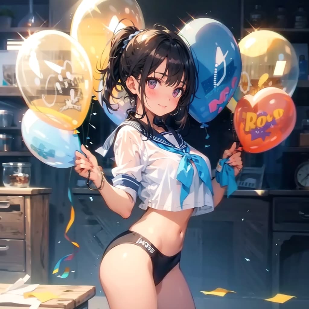 いっぱい色とりどりの風船を持つ黒髪ポニーテールのセーラー服着た美少女