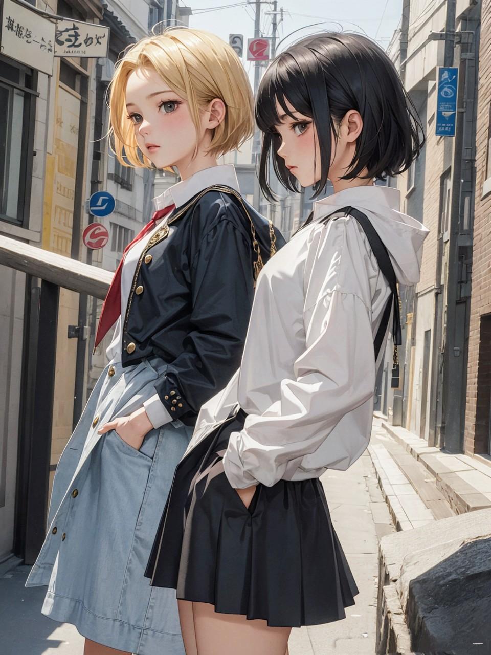 ナンパされてる、お姉やんたち | の人気AIイラスト・グラビア