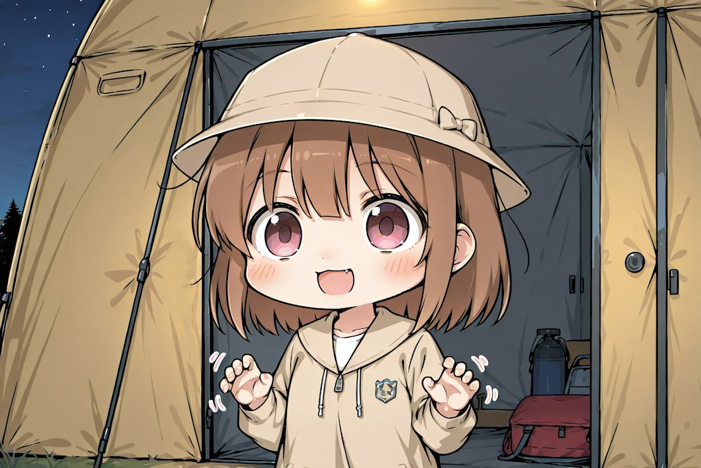 めっちゃ手をわきわきしながらにじり寄ってくるキャンパーの女の子の図