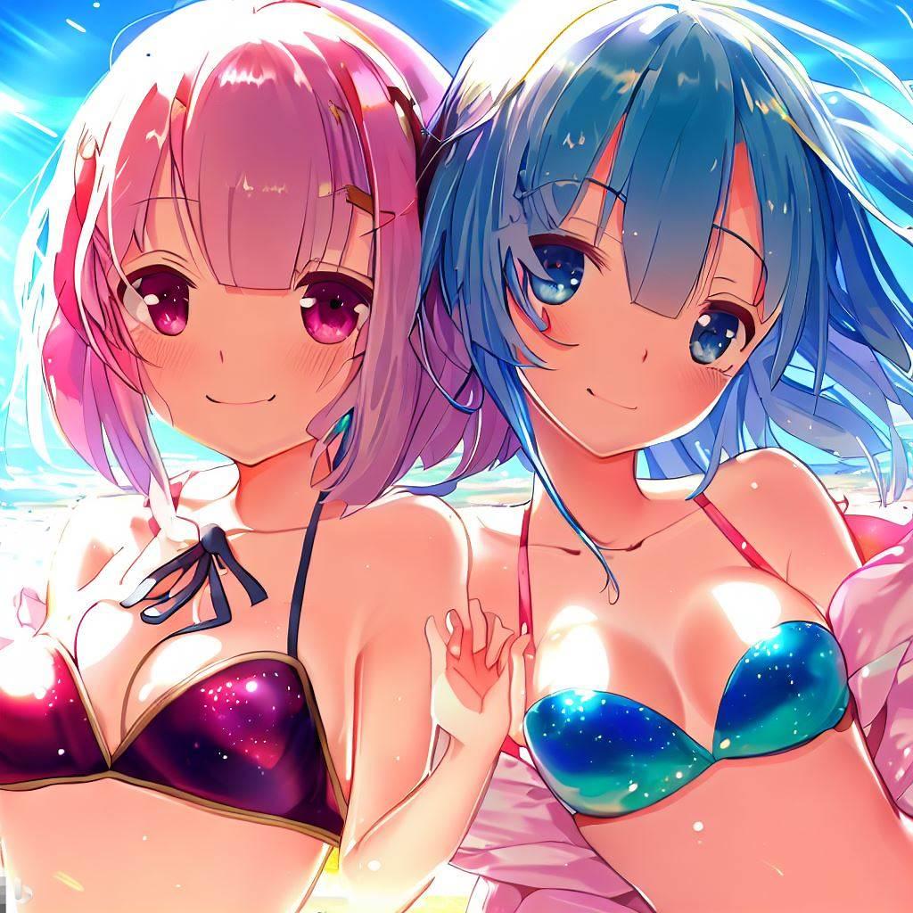 海で遊ぶレム＆ラム