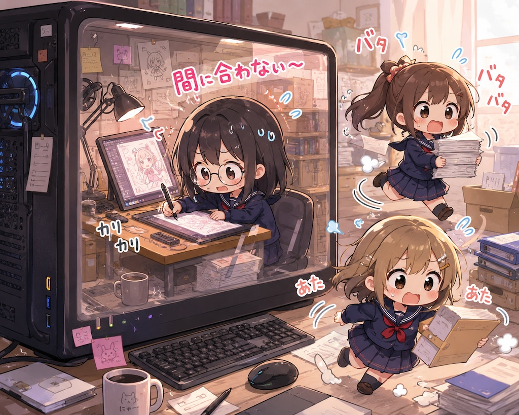 PCの中でAIイラストを描いている中の人たち　制服女子中学生 kawaii JC