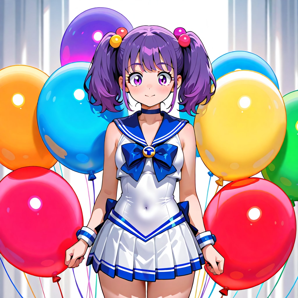 いっぱい色とりどりの風船を持つ紫髪ツインテールのセーラー服着た美少女