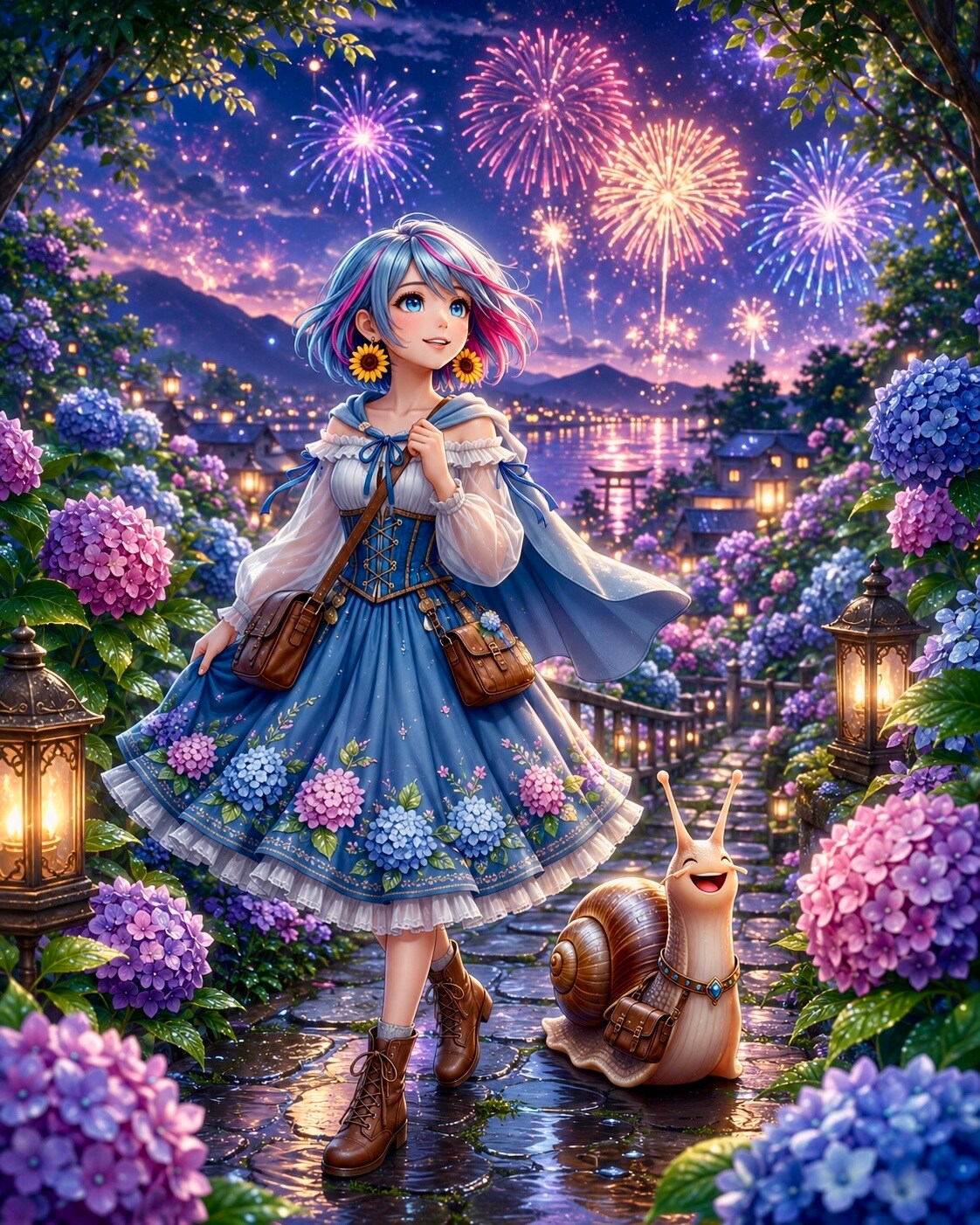 紫陽花小径から花火を見る雫ちゃん