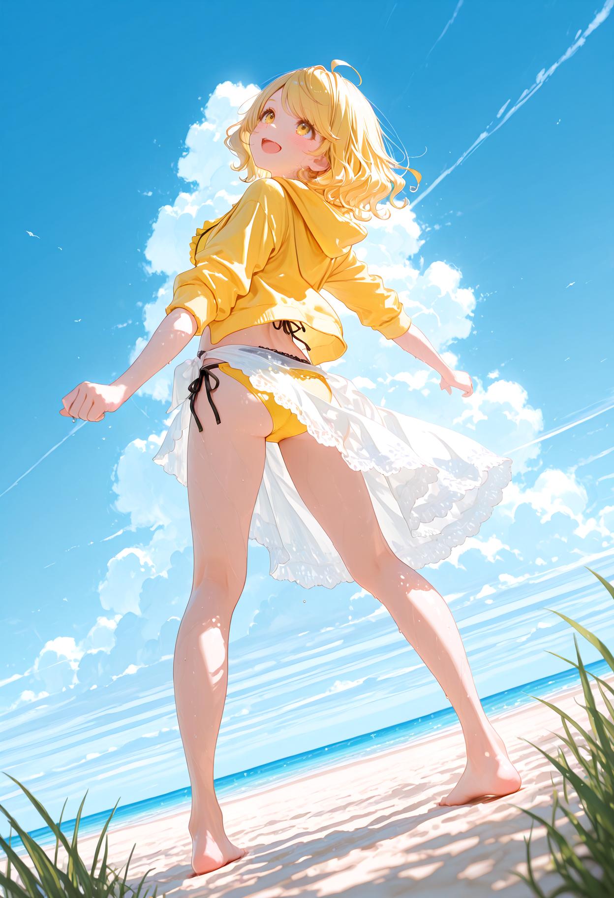 青い海、白い雲、黄色い女の子