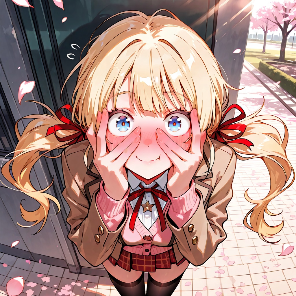 「きゃっ…！？」金髪ツインテJK莉奈の桜の下で照れ顔🌸😳