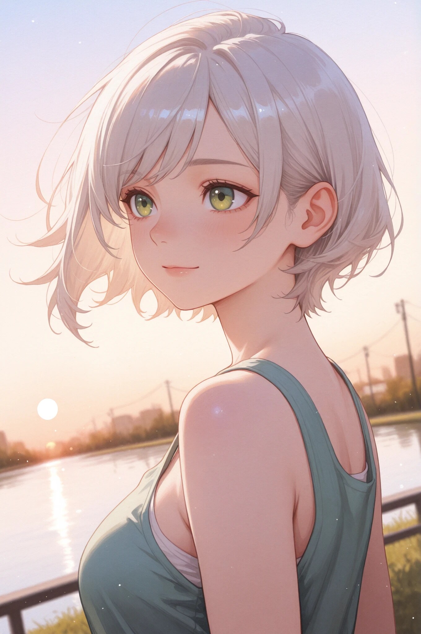 夕暮れの川沿いで