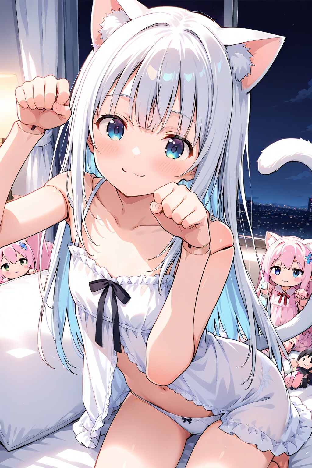 1girl, solo, long hair, blue eyes, white hair, grey hair, small breasts, tears, white dress, flat ch