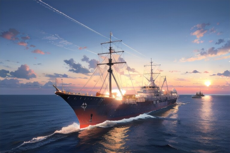軍艦と夕日