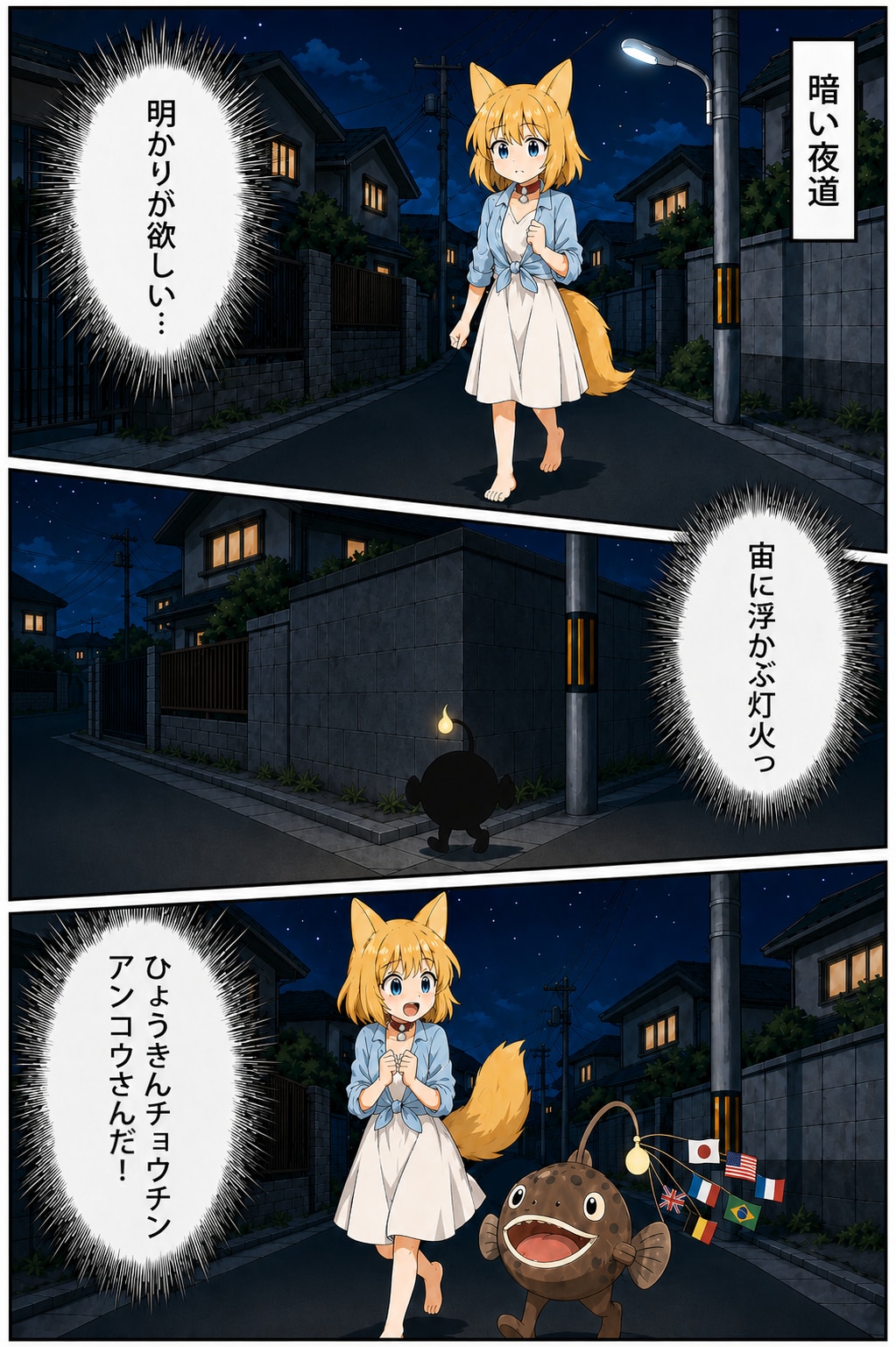 夜道に強いチョウチンアンコウさんと遭遇するキツネ | の人気AIイラスト・グラビア