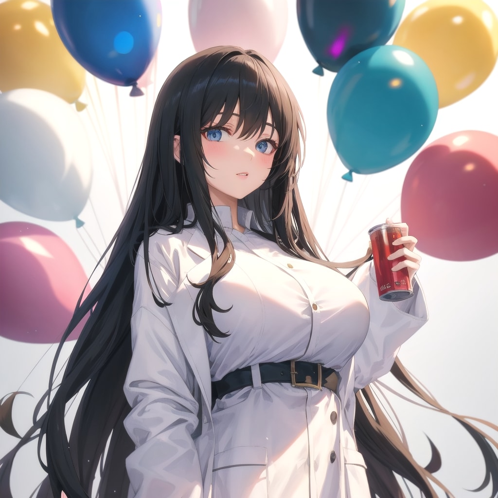 いっぱい風船を持つ黒髪ロングの白衣の美女。