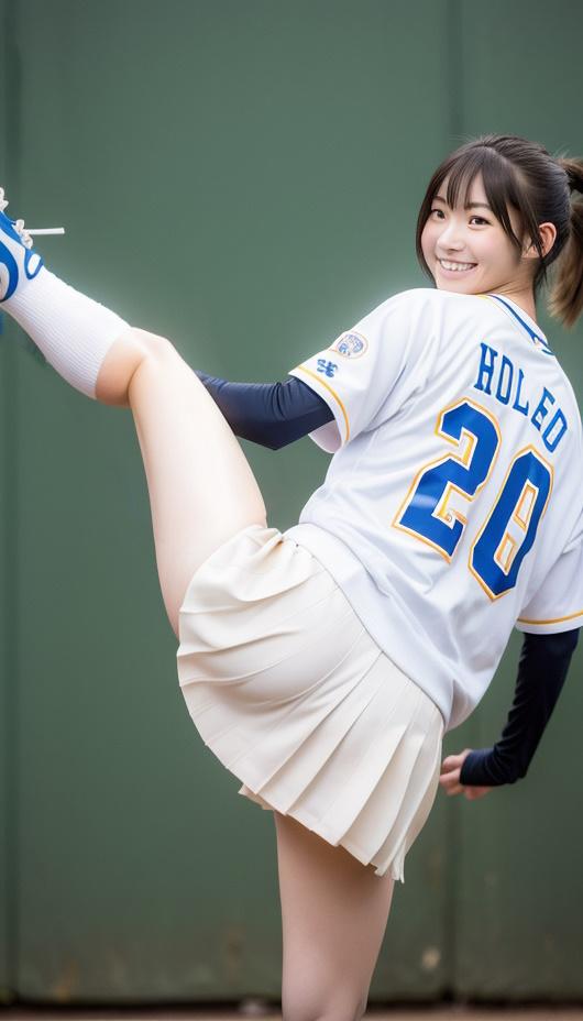 往年のプロ野球選手の投球フォームでインコース高めの魔球シュートを投げ込もうとする女の子
