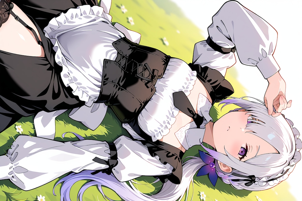 メカクレ薄紫髪ちゃん48『メイド服+草原で休憩』