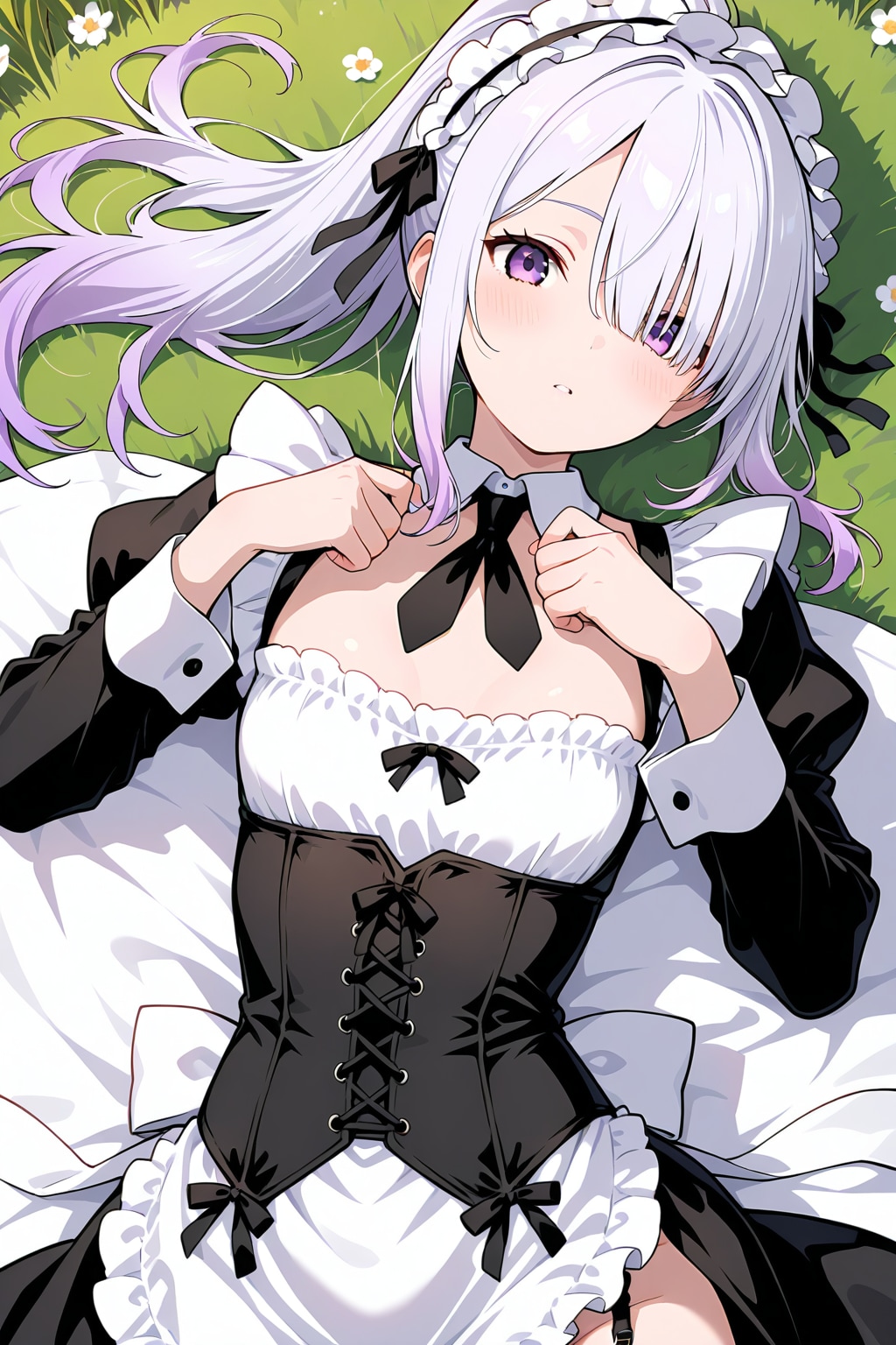 メカクレ薄紫髪ちゃん48『メイド服+草原で休憩』