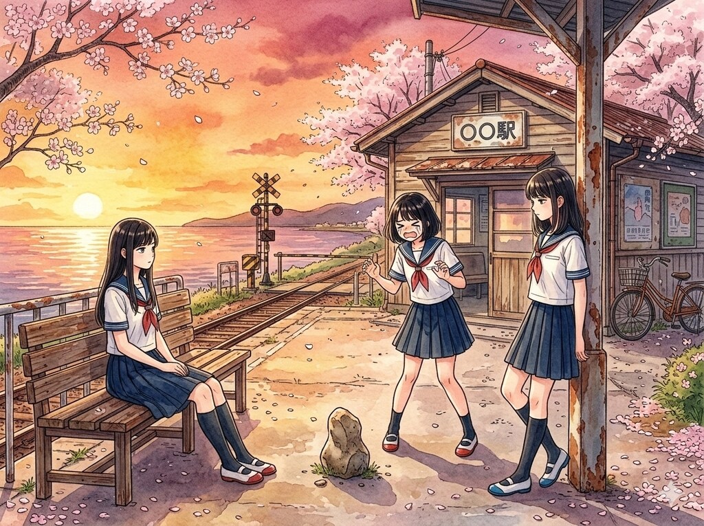 海の見える無人駅で黄昏れる