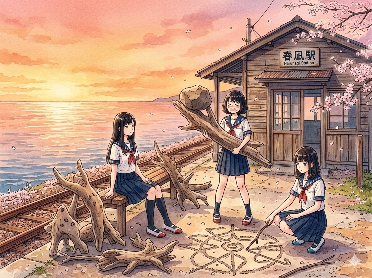 海の見える無人駅で黄昏れる | の人気AIイラスト・グラビア