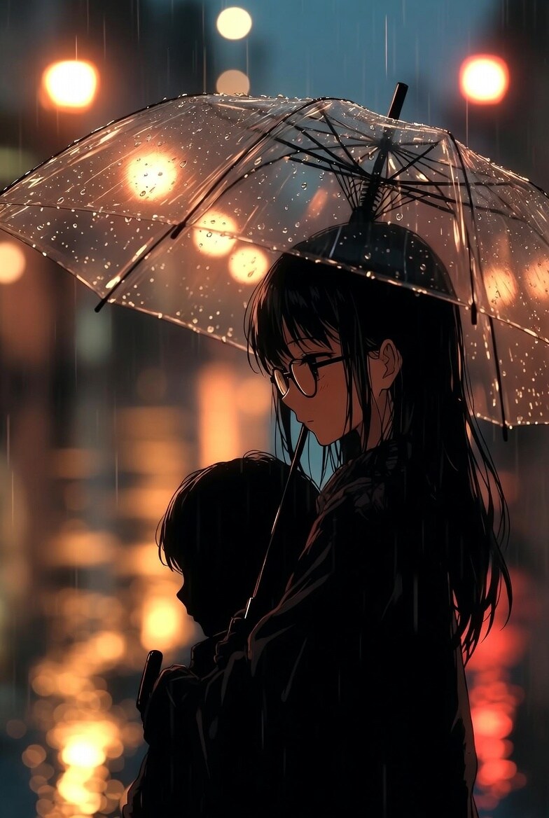 黒髪メガネ 夕暮れでビニ傘