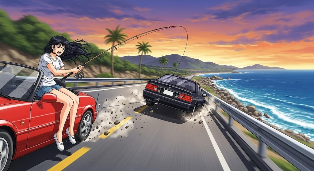 カーチェイスシーンで釣り