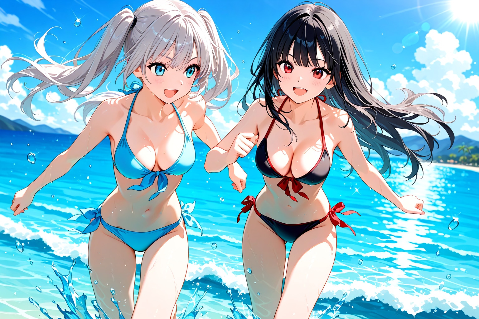 海ではしゃぐ二人