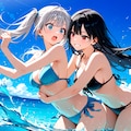 海ではしゃぐ二人 2枚目