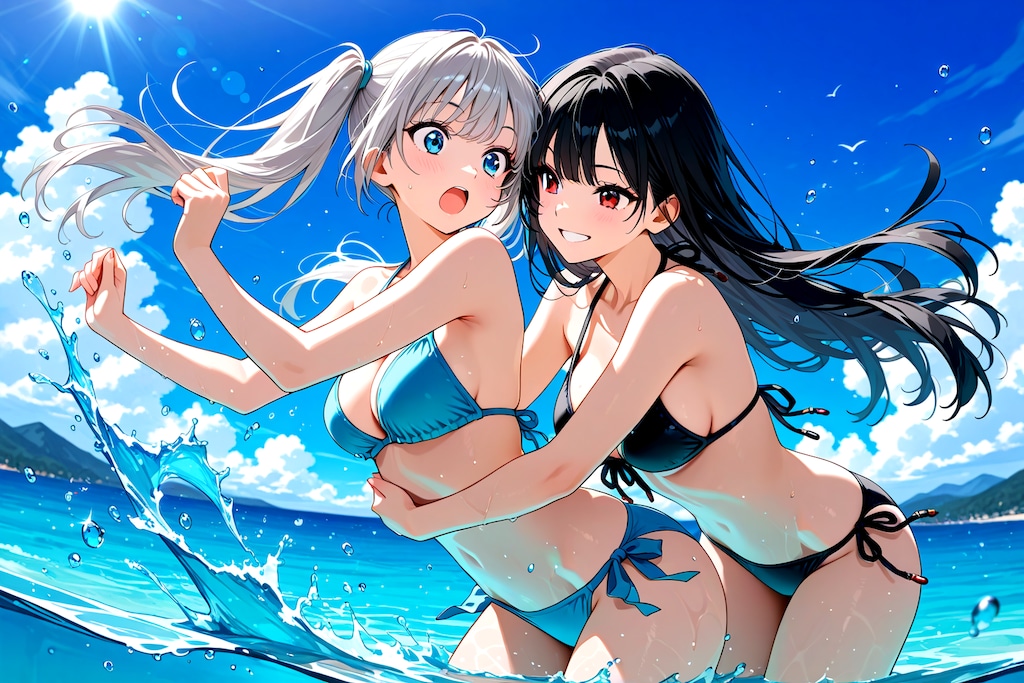 海ではしゃぐ二人