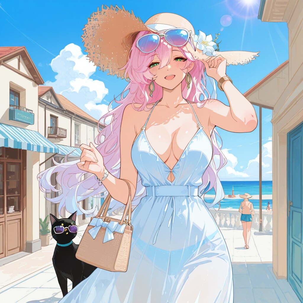 ホワイトワンピースと大きな黒サングラス
