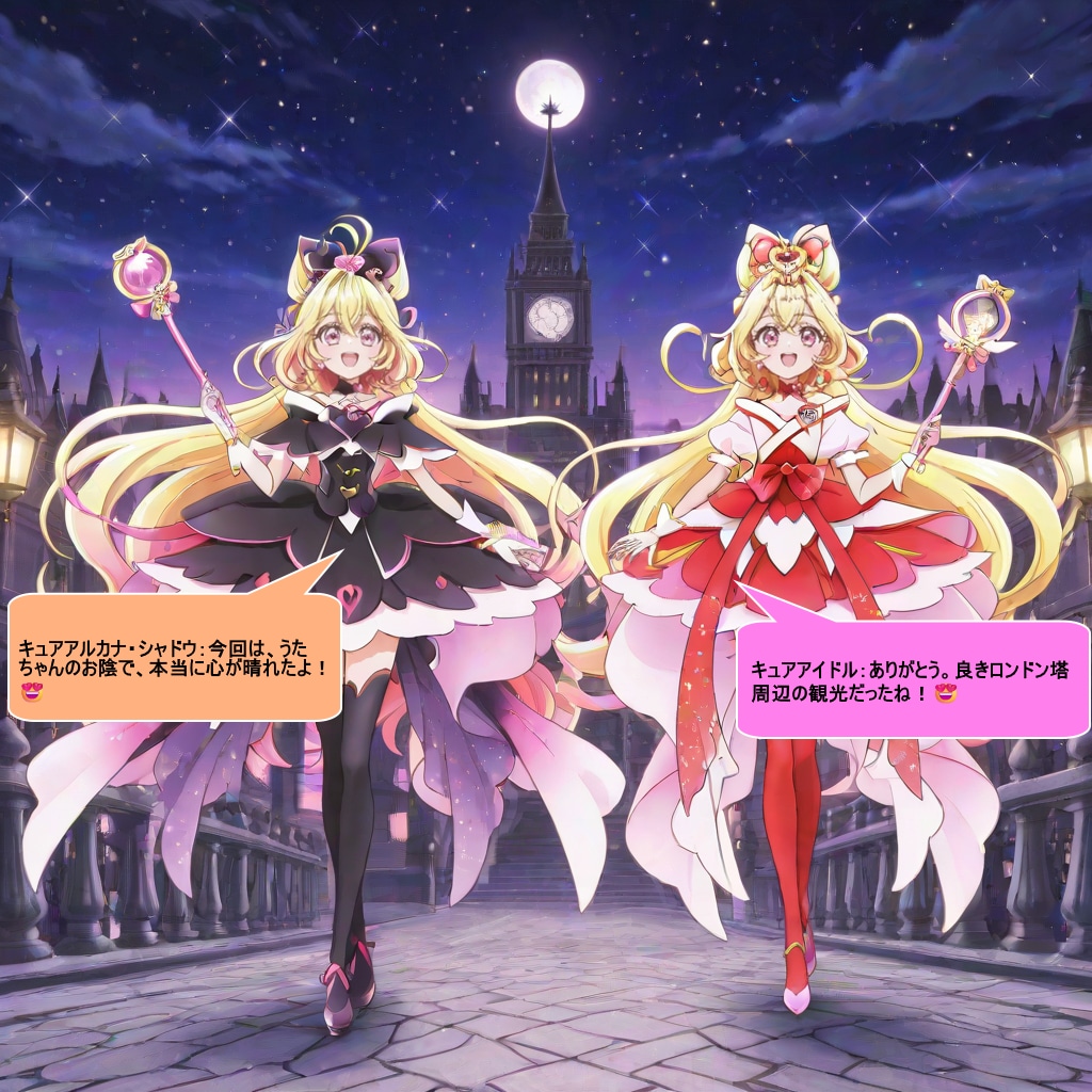 キュアアイドルとキュアアルカナ・シャドウ、ロンドン塔周辺で会話する