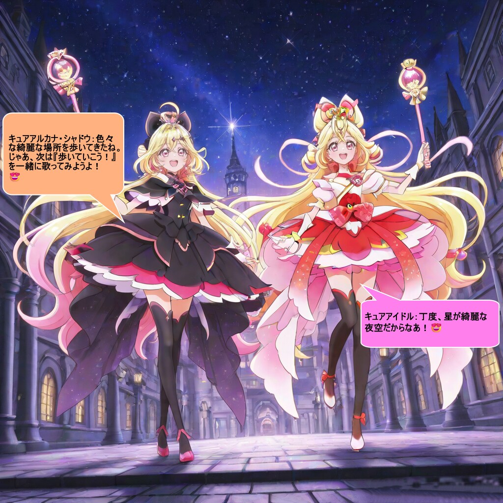 キュアアイドルとキュアアルカナ・シャドウ、ロンドン塔周辺で会話する