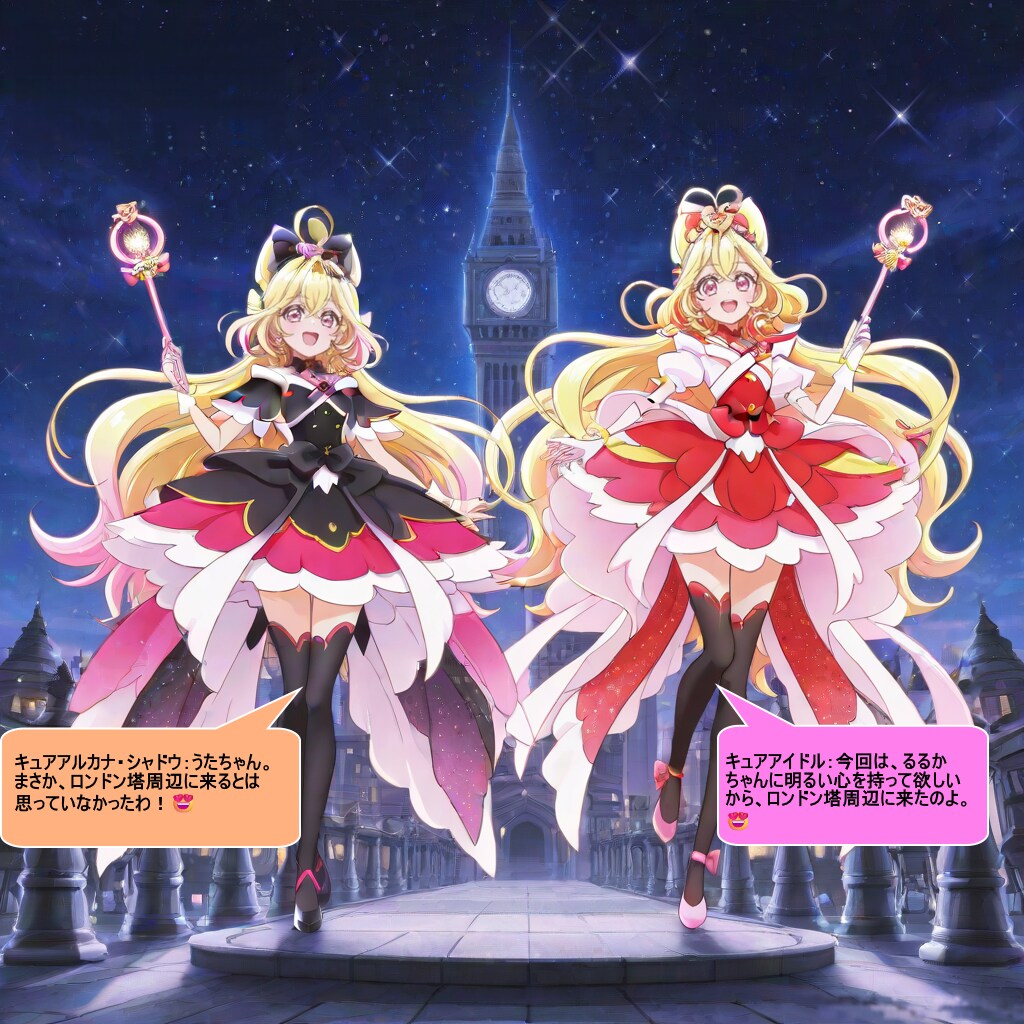キュアアイドルとキュアアルカナ・シャドウ、ロンドン塔周辺で会話する