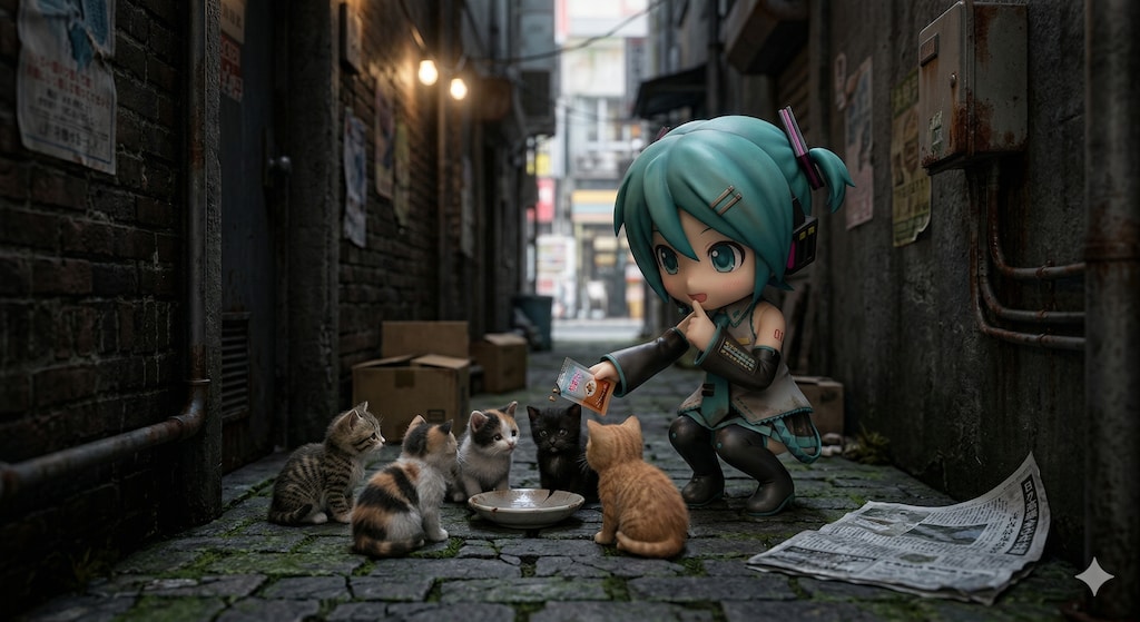 子猫達にこっそり餌をあげるミクちゃん🐱