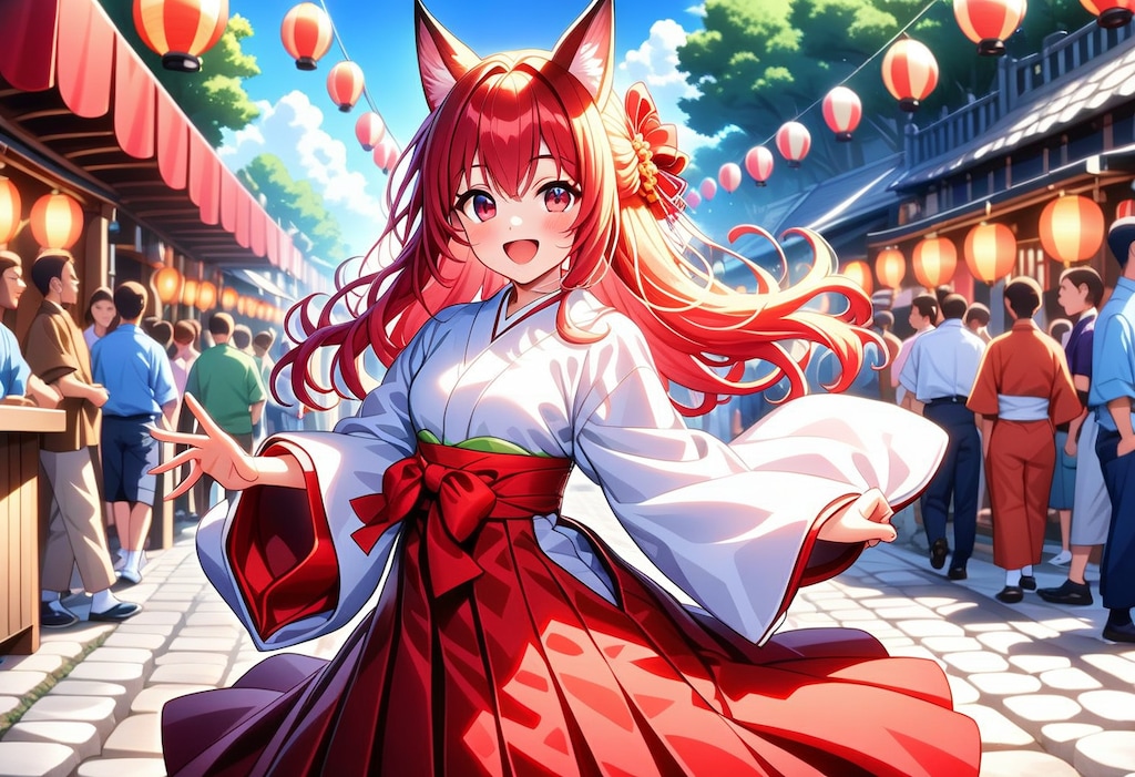 お祭りを楽しみ狐巫女さん