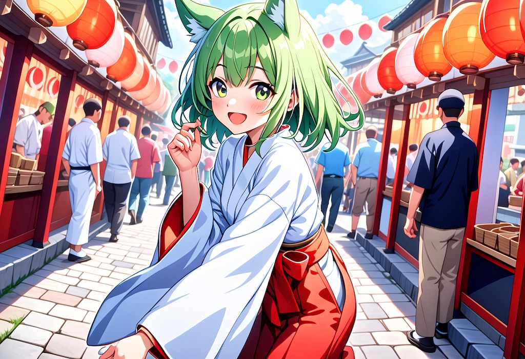 お祭りを楽しみ狐巫女さん