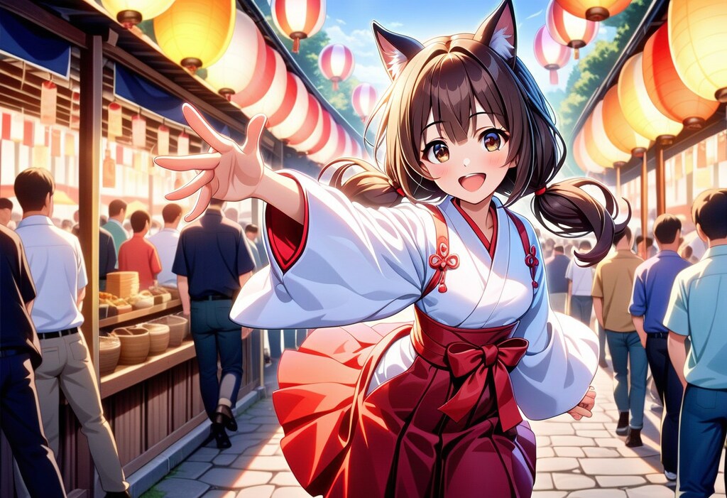 お祭りを楽しみ狐巫女さん