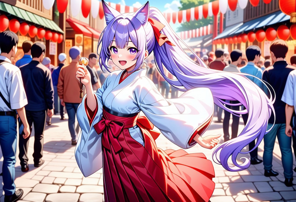 お祭りを楽しみ狐巫女さん