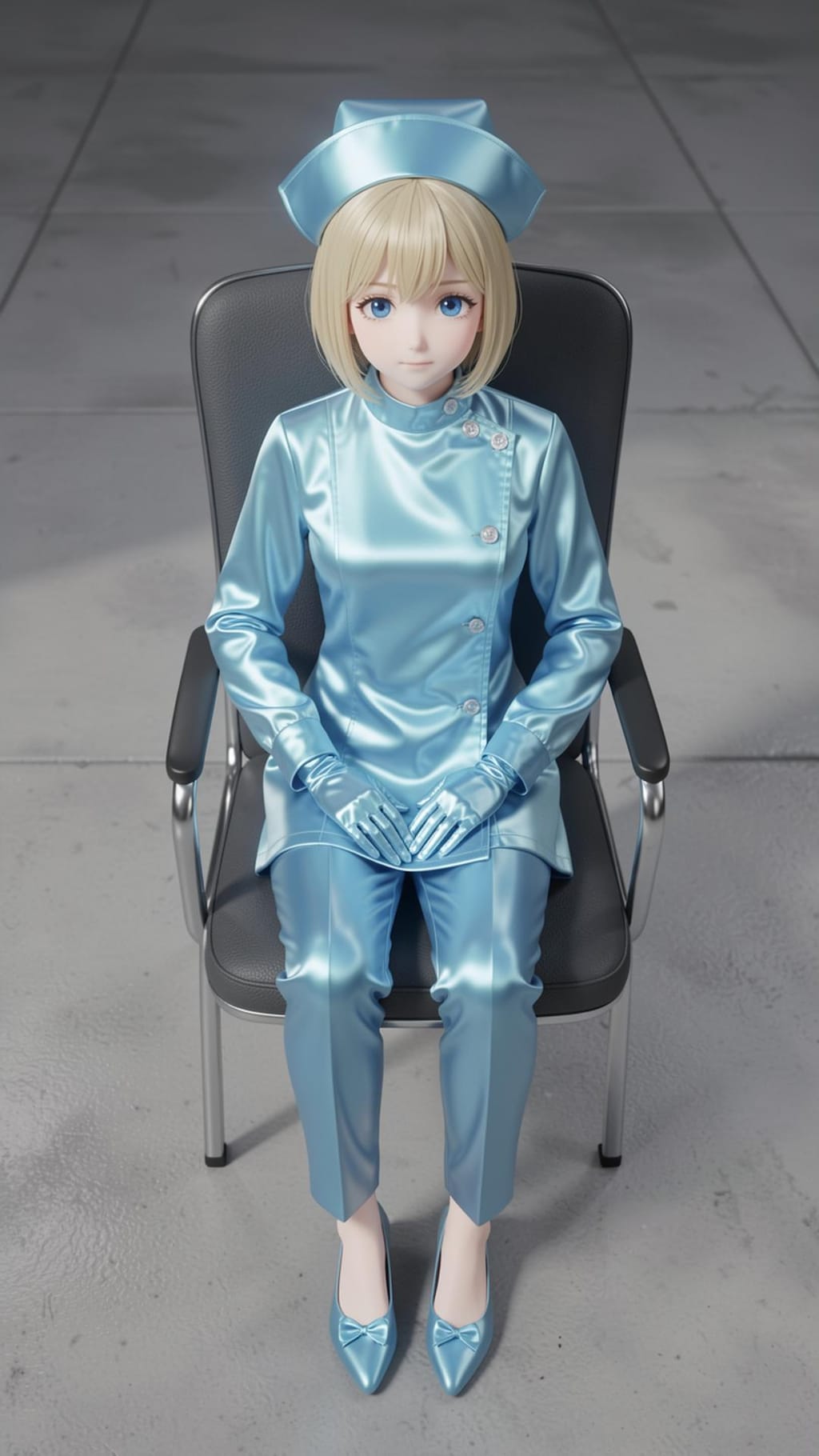 水色サテンナースを着た男の娘