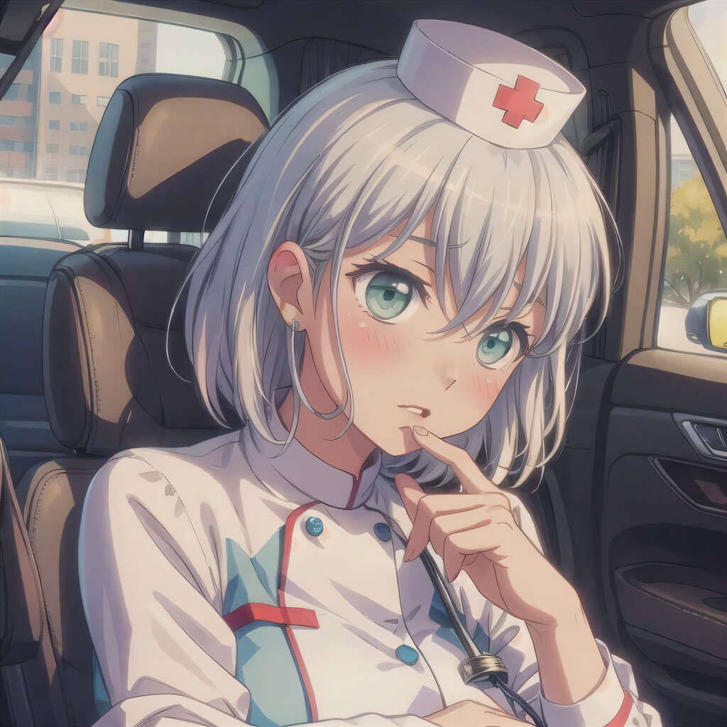 灰髪ボブで車内の少女