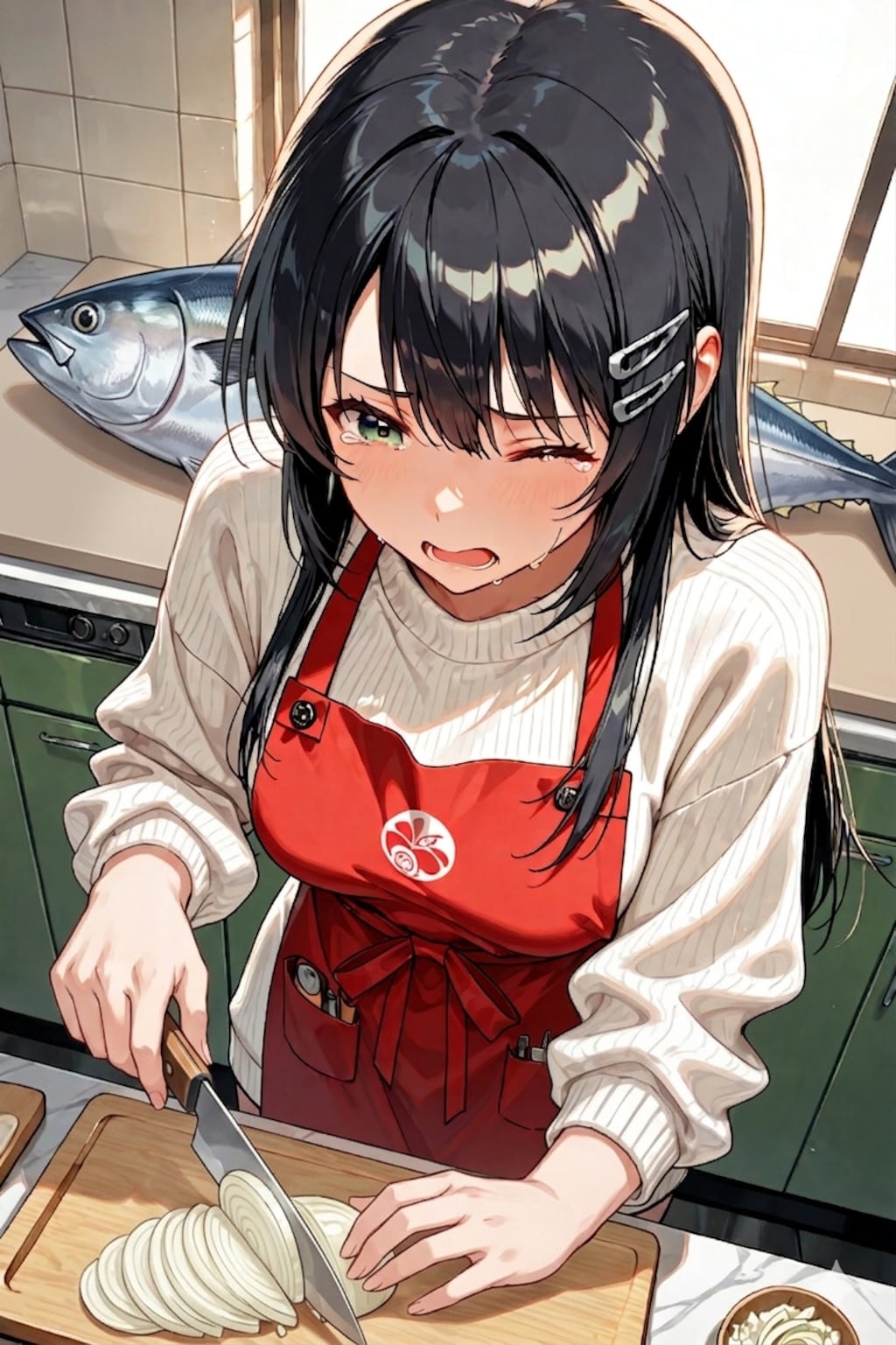 玉ねぎを切っている後輩