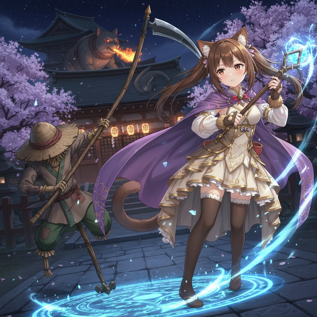 茶ツイにゃん。夜桜案山子