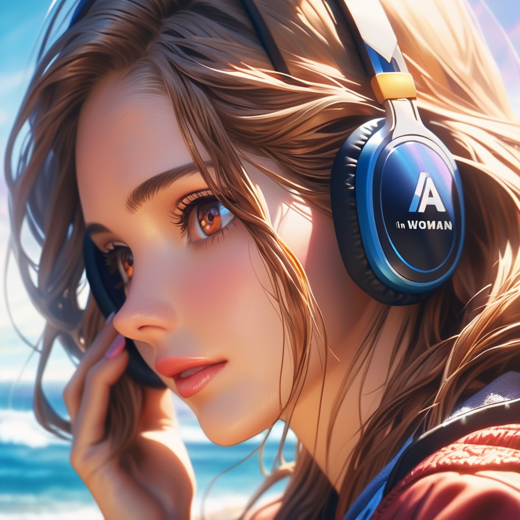 早朝からヘッドフォンで音楽を聴いている横顔美人