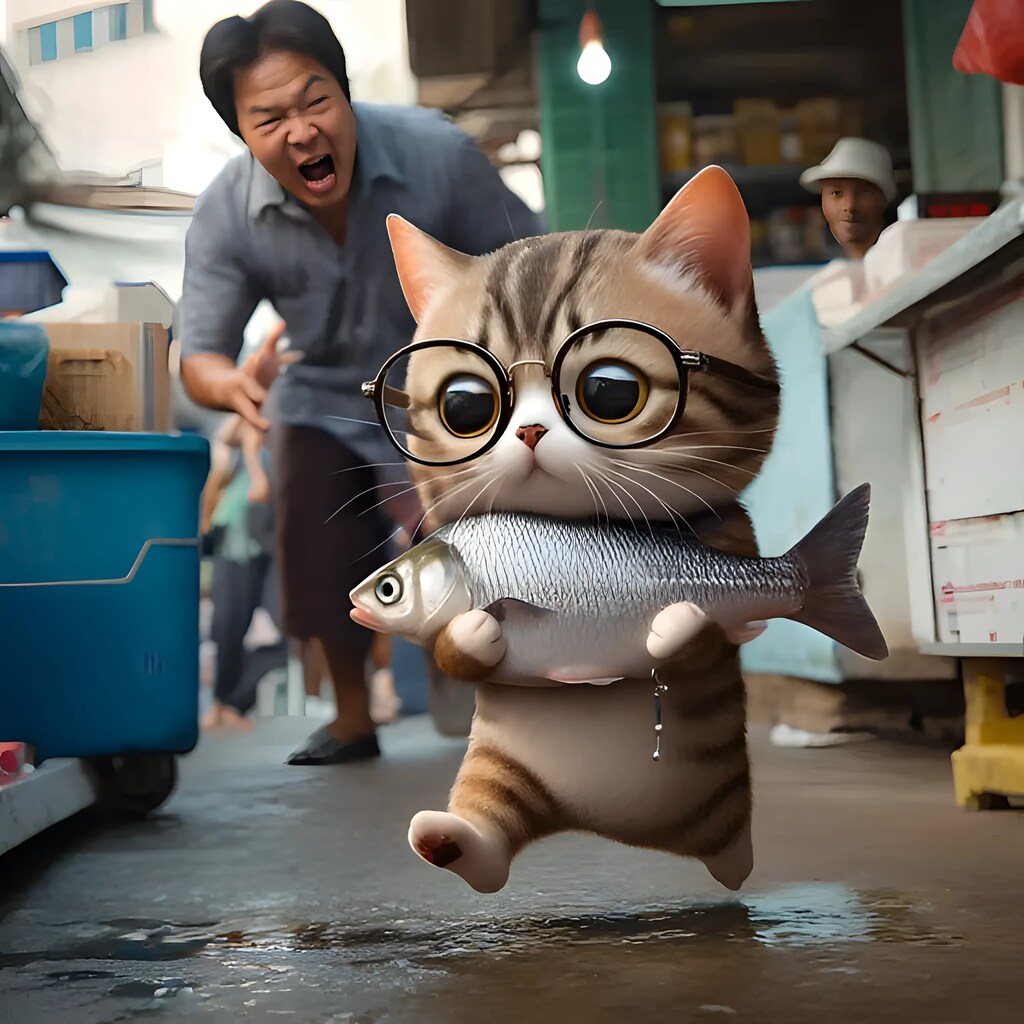 お魚抱えためがねこ