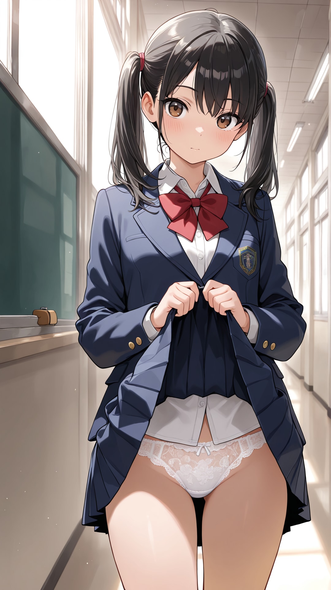 黒髪美少女 スカートたくし上げ レース下着