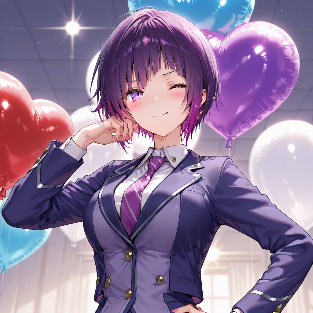 いっぱい風船を持つ紫髪ショートカットの制服の美少女。