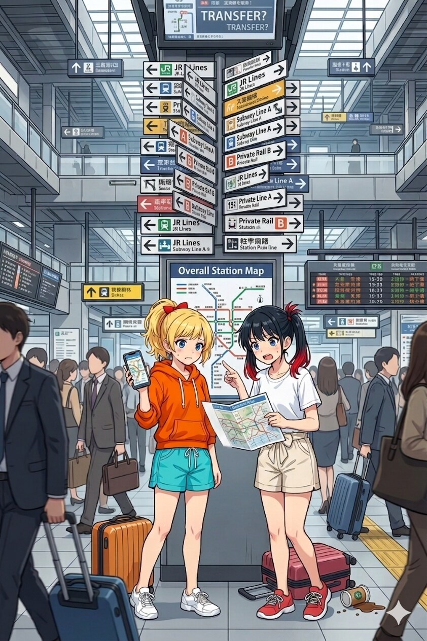 巨大駅で迷う二人
