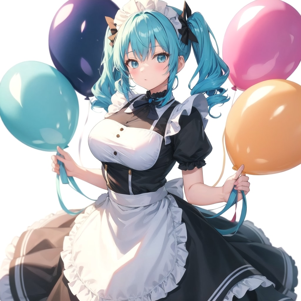 いっぱい色とりどりの風船を持つ水色髪ツインテールのメイド服着た美少女