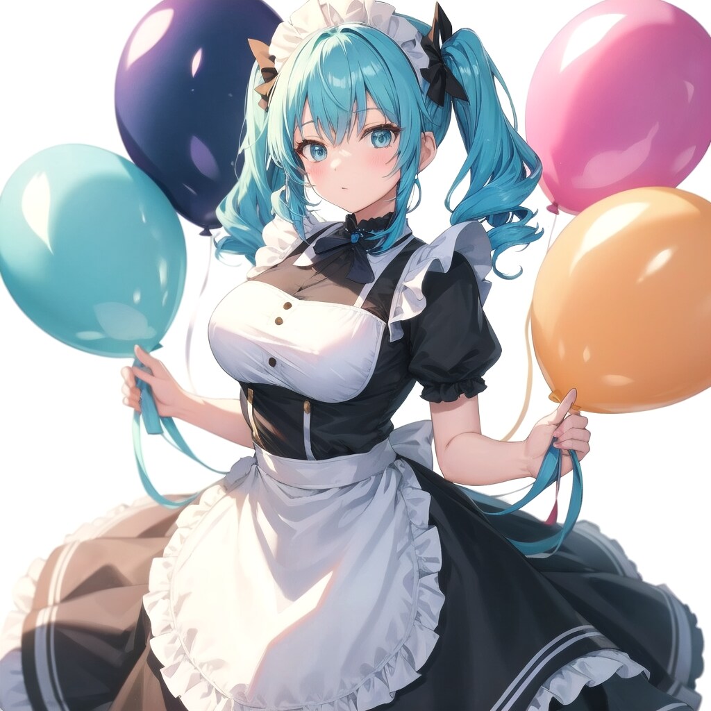 いっぱい色とりどりの風船を持つ水色髪ツインテールのメイド服着た美少女