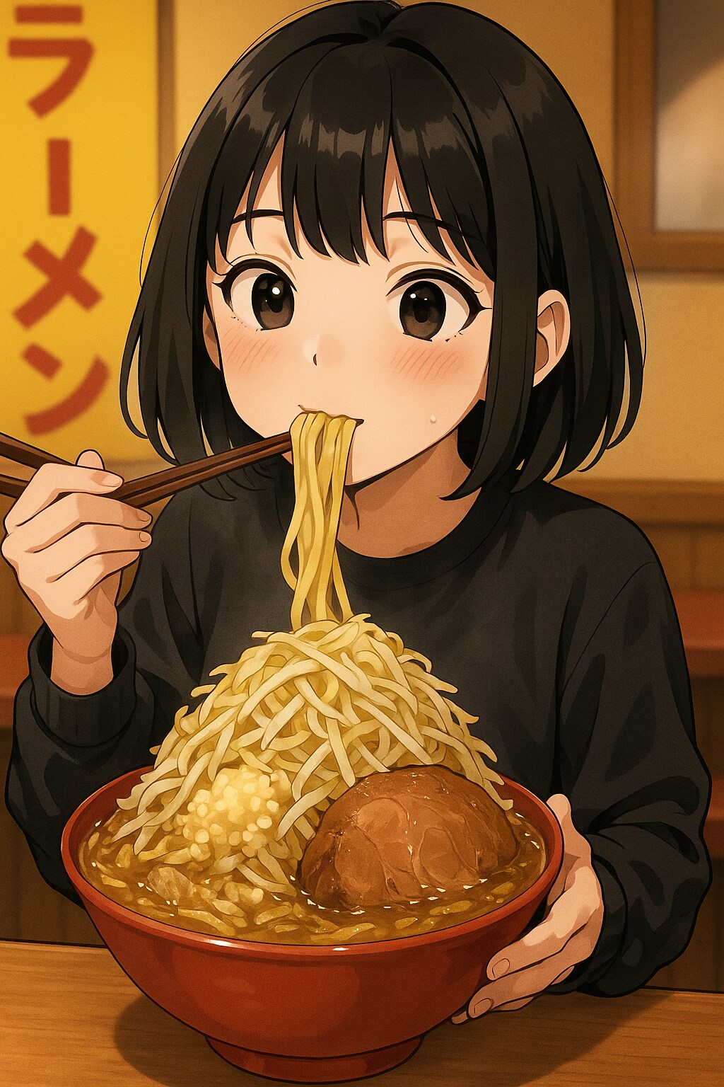 二郎ラーメンを食べている女の子