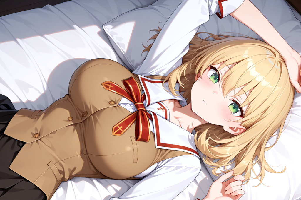 ベッドの上で制服コス