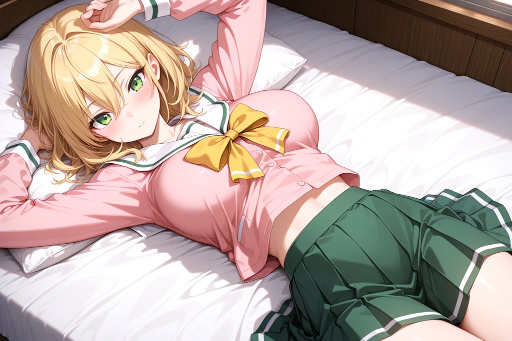 ベッドの上で制服コス