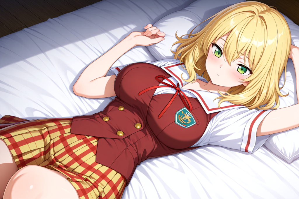 ベッドの上で制服コス